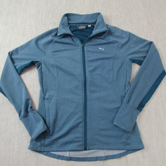 PUMA Track Jacket Womens Medium Teal Solid Mesh Pannel Long Sleeve Full Zip Logo - Picture 1 of 8